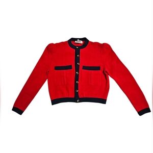 Vintage St. John Red Amd Navy Puff Sleeve Cardigan, 2
